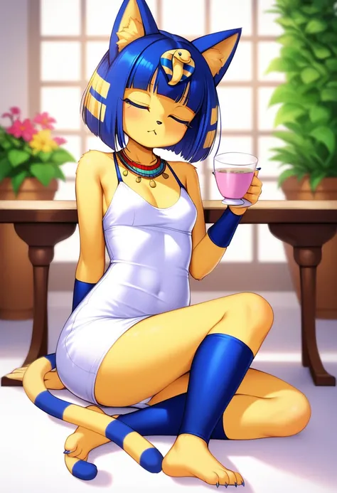 [isaCrossing], [Isabelle; Animal Crossing], [Uploaded to e621.net; (Pixelsketcher)], kemono, dagasi, solo female ankha (animal crossing) with ((tiny and short body with yellow fur)), (full body), (blue hair), (closed eyes), (yellow and blue striped cat tai...