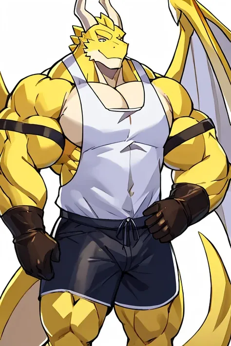 Yellow and white dragon, muscular, with yellow and white wings, herrero, with leather gloves, with leather apron, White shirt, shorts cafés 