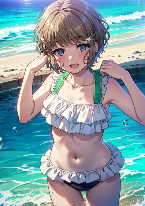 tomoekoga, Chie Koga, short hair, Brown Hair, blue eyes, Hair Clip,Bikini swimsuit with ruffles,barefoot,Water Play,Wet Skin,Wet Hair,Wet swimsuit,happy smile, smile, Open your mouth,water droplets,
break outdoors, Ocean,Sandy Beach,
break looking at viewe...