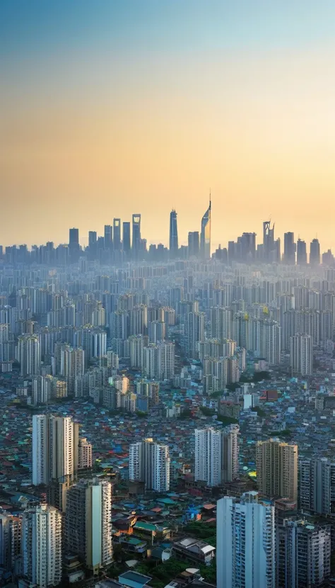 The morning light is breaking，The outline of the city gradually emerges in the pale golden light，Showing the process of the city waking up from its slumber。 