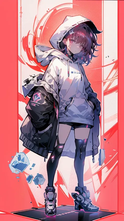 1 girl with red hair, pink eyes, cyberpunk style, hand in pocket, hoodie, pink starry background, black high heels