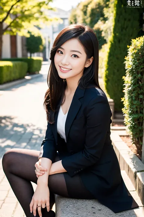 (Only one person), Pure Japanese young girl, outstanding body, beautiful legs, wearing formal suits, high heels, vivid makeup and lips, thick eyebrows, formal black hair styles, sweet smile, professional portrait photography, sitting, soft sunlight, 