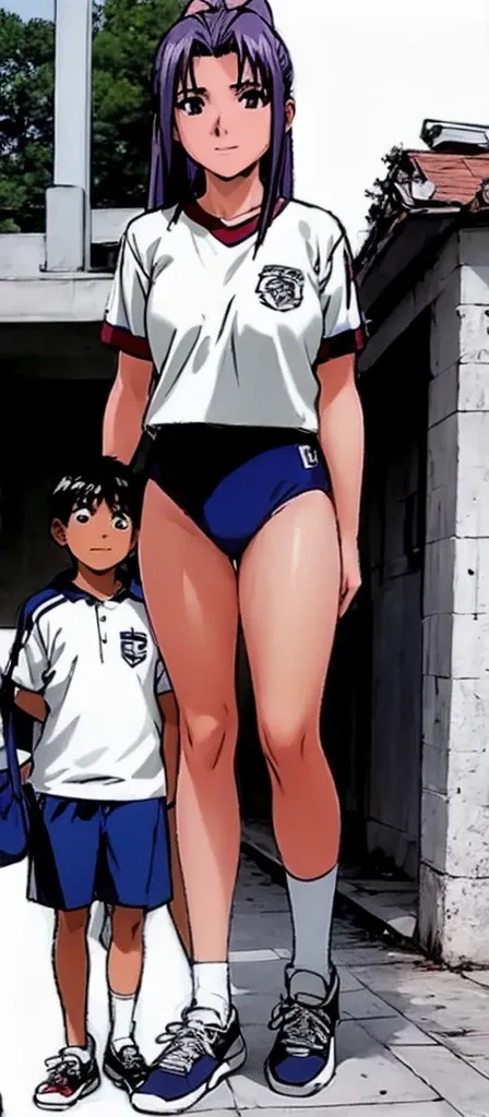 Momoko Koigakubo, a tall girl with beautiful legs, is standing with a smile on her face in a white gym uniform and light navy blue bloomers that look like panties.。Momoko Koigakubo is holding a young boy wearing a tracksuit。