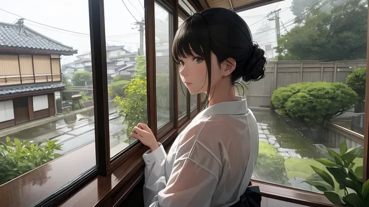 {best quality}, {very aesthetic}, {ultra-detailed}, {8k}, {Super elaborate face}, {Super-smart body},　Woman sitting on the veranda of a Japanese house, Wet day, (Woman looking outside,Behind the scenes), An ennui atmosphere,　Super fine hair, flat chest, 1g...