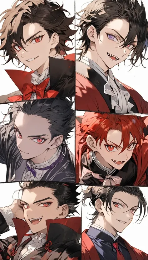 black suit and red tie、Man wearing a red cloak, Anime handsome guy, ハンサムな男性のvampire, Alucard, Handsome anime pose, Handsome men from Demon Slayer, Handsome Japanese Devil Boy, High-quality portraits, Beautiful androgynous prince, [[[[smile wickedly]]]], Ma...