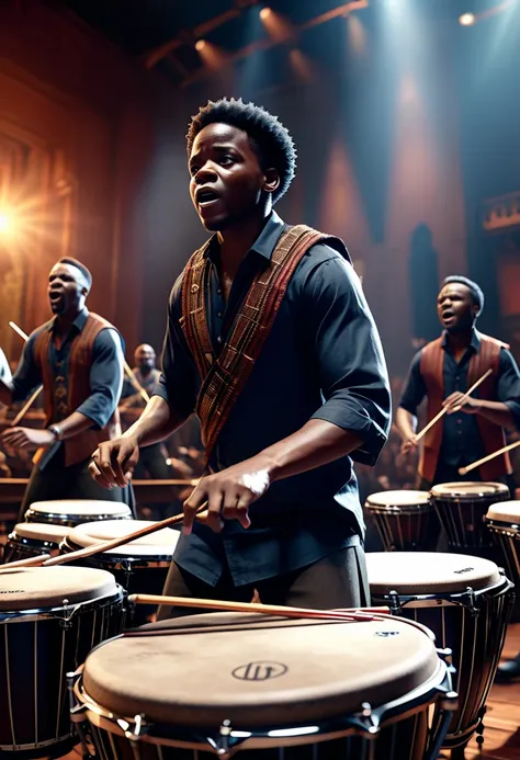 a black people orchestra performing an epic cinematic theme song in a theatre using african percussion like drums, xylophone,  b...