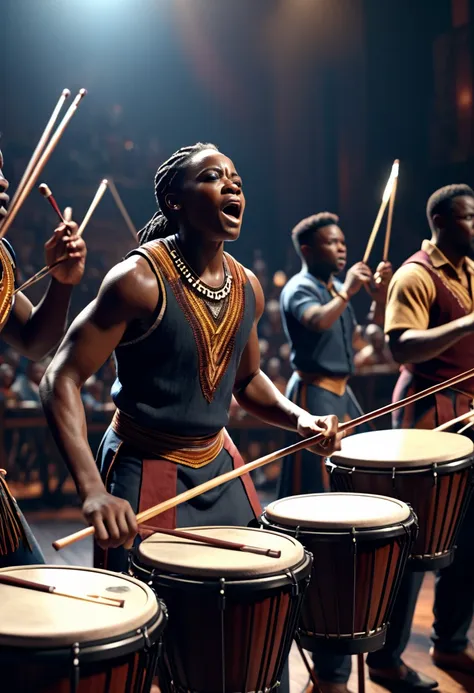 a black people orchestra performing an epic cinematic theme song in a theatre using african percussion like drums, xylophone,  b...