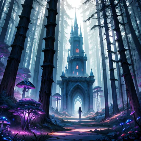 The image should evoke an atmosphere of mystery and magic. Include as mysterious shadows, a dark and vibrant, fantasy, like mystical mushrooms. Imagine an enchanted forest or an ancient castle.