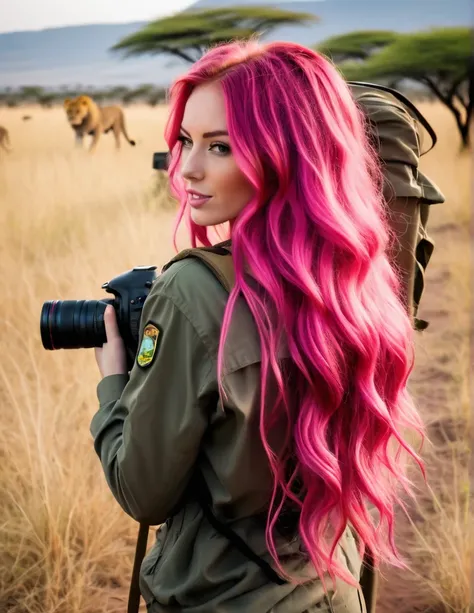 Very attractive 25 year old caucasian female with long wavy bright pink hair, on safari in Tanzania, back to the camera, photographing lions, photo quality