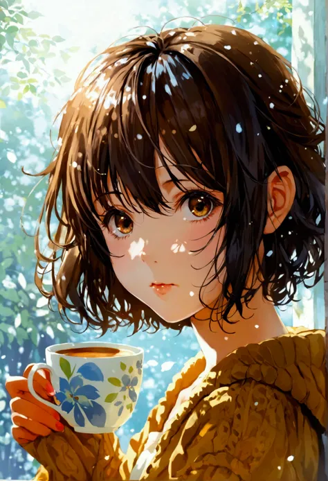 there is a young girl holding a cup of coffee in her hand, girl cute-fine-face, cute natural anime face, with cute - fine - face, sakimi chan, Chiho, Yoshitomo Nara, young cute face, beautiful japanese girls face, brown hair and large eyes, cute kawaii gir...