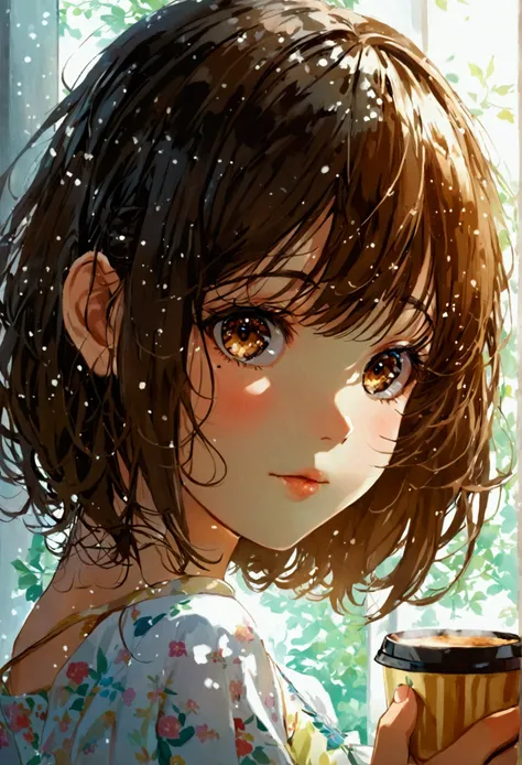 there is a young girl holding a cup of coffee in her hand, girl cute-fine-face, cute natural anime face, with cute - fine - face, sakimi chan, Chiho, Yoshitomo Nara, young cute face, beautiful japanese girls face, brown hair and large eyes, cute kawaii gir...