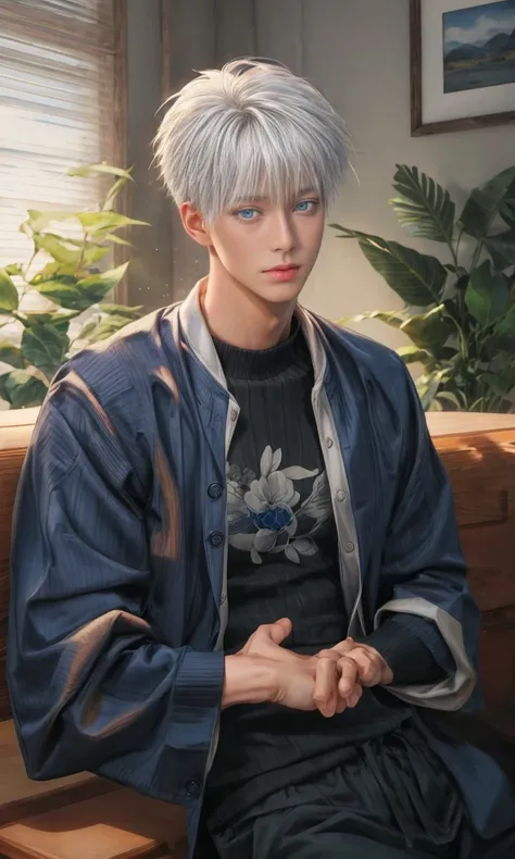 1boy, adult, handsome, perfect face, detailed eyes and face, clean shaved, muscular, capturing a rural atmosphere, dynamic lighting, unreal engine 5, hd picture, satoru gojo, white hair, short hair ,hair between eyes ,blue eyes, white skin