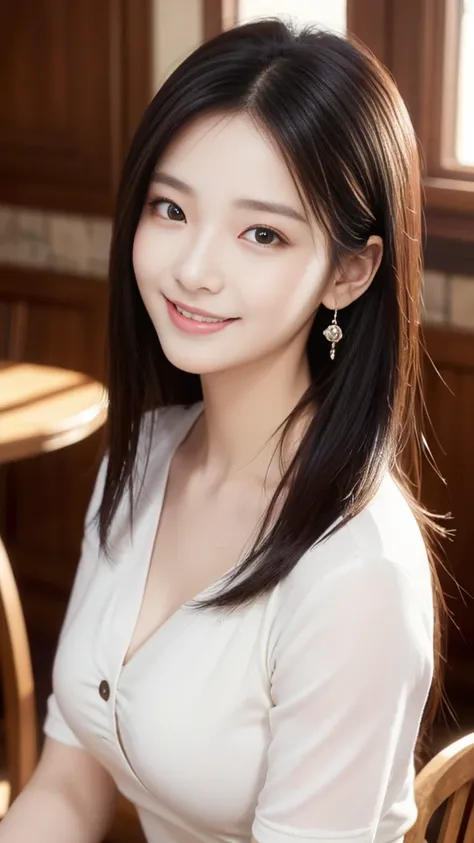 beauty、Smile、Black Hair、Coffee Shop，best quality,Super detailed,masterpiece,Employment,8k,Extremely detailed CG unifies 8k, 8k, diamond, and wallpaper，lifelike, Surreal, The original, Intricate details，Detailed face，Exquisite eyes, Skin smooth and soft, De...