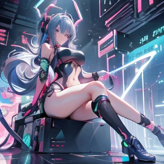 Anime Kawaii sexy Perfect Slim sensual body large breast and huge thighs, An intricate and highly detailed illustration of anime (Young girl). personagem de anime,futurista,cyberpunk,holding a microphone in the right handWalking while singing Headphones wi...