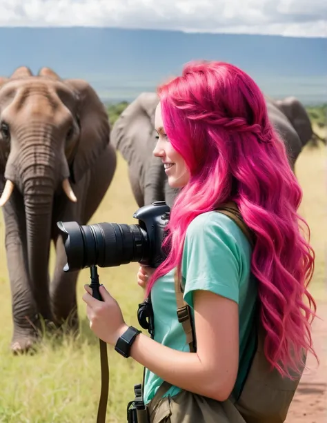 Very attractive 25 year old caucasian female with long wavy bright pink hair, on safari in Tanzania, back to the camera, photographing elephants, photo quality