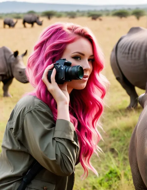 Very attractive 25 year old caucasian female with long wavy bright pink hair, on safari in Tanzania, back to the camera, photographing rhinos, photo quality