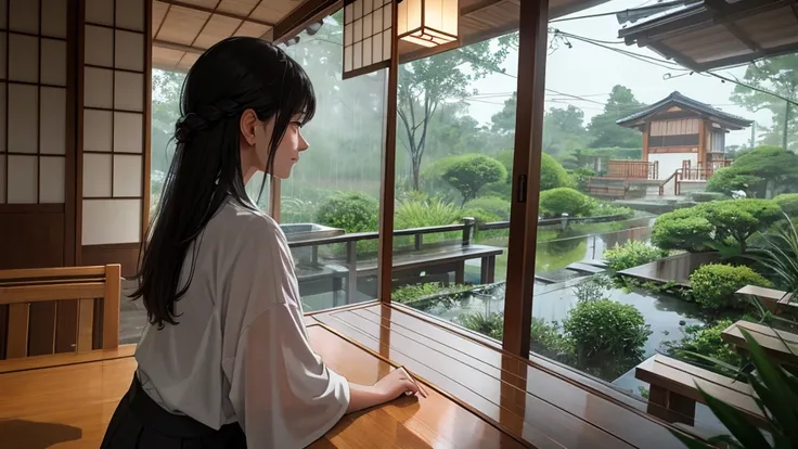 {best quality}, {very aesthetic}, {ultra-detailed}, {8k}, {Super elaborate face}, {Super-smart body},　Sparkling summer rain, Woman sitting on the veranda of a Japanese house, Wet day, (Woman looking outside,Behind the scenes), An ennui atmosphere,　Super fi...