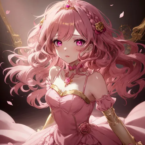 Create an anime-style girl with (((deep magenta eyes and long, wavy pink hair))) ((styled in an elegant frenchbraid)). (((She is slender with small breasts))). ((Ensure a full-body shot of her)) wearing a (((magical girl-themed outfit.))) ((The outfit feat...