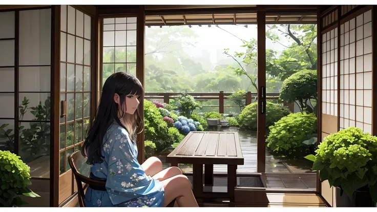 {best quality}, {very aesthetic}, {ultra-detailed}, {8k}, {Super elaborate face}, {Super-smart body},　Sparkling summer rain, Woman sitting on the veranda of a Japanese house, Wet day, (Woman looking outside,Behind the scenes), An ennui atmosphere,　Super fi...