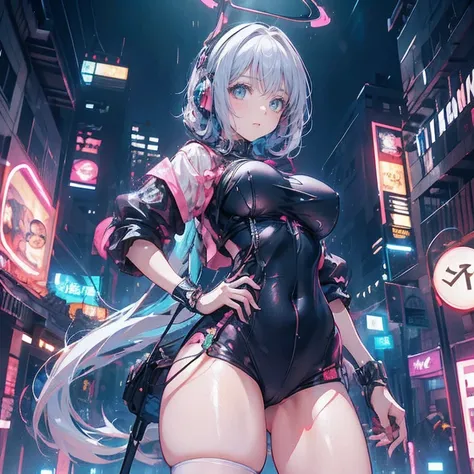 Anime Kawaii sexy Perfect Slim sensual body large breast and huge thighs, An intricate and highly detailed illustration of anime (Young girl). personagem de anime, futurista, ciberpunk, holding a microphone in the right hand Walking while singing Headphone...