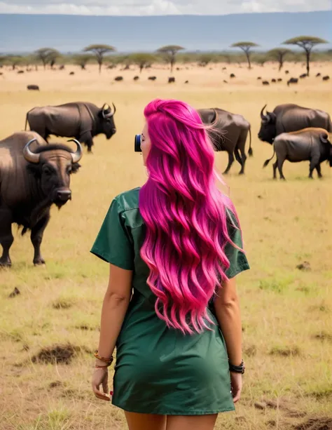 Very attractive 25 year old caucasian female with long wavy bright pink hair, on safari in Tanzania, back to the camera, photographing african buffalows,  photo quality