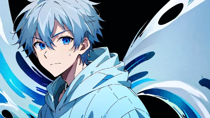 ((Highest quality)), ((masterpiece)), (detailed), Perfect Face,1 boy, Gray Hair, short hair, Translucent white skin,slightly turned to the side,Wearing a hood,White long sleeve hoodie, blue eyes, Black background