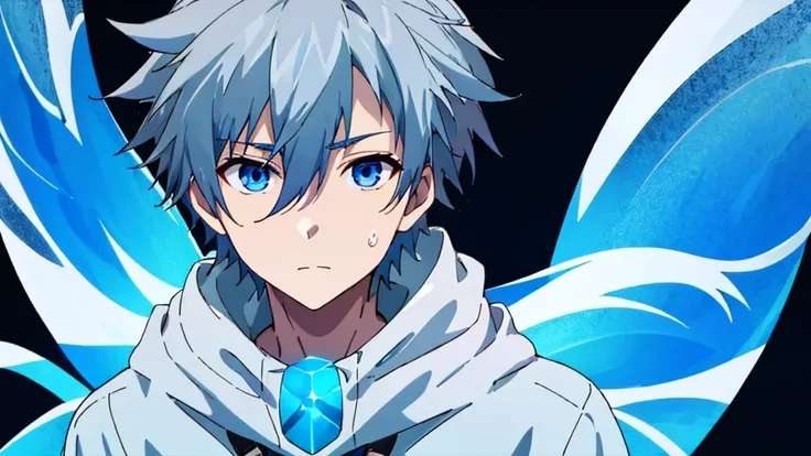 ((Highest quality)), ((masterpiece)), (detailed), Perfect Face,1 boy, Gray Hair, short hair, Translucent white skin,slightly turned to the side,Wearing a hood,White long sleeve hoodie, blue eyes, Black background