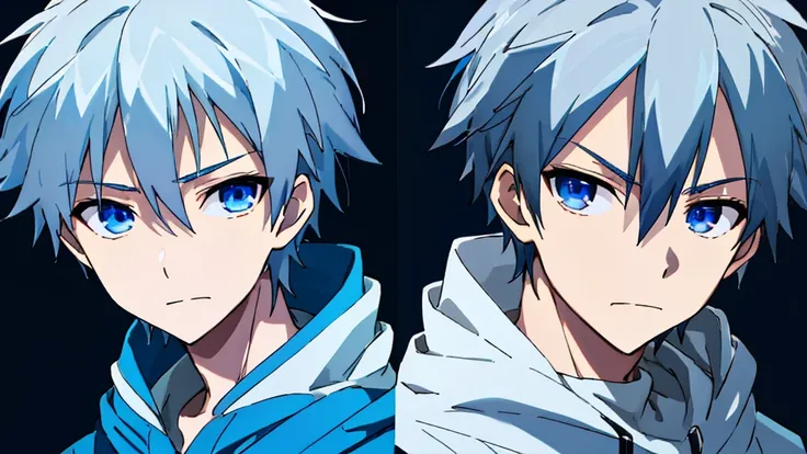 ((Highest quality)), ((masterpiece)), (detailed), Perfect Face,1 boy, Gray Hair, short hair, Translucent white skin,slightly turned to the side,Wearing a hood,White long sleeve hoodie, blue eyes, Black background