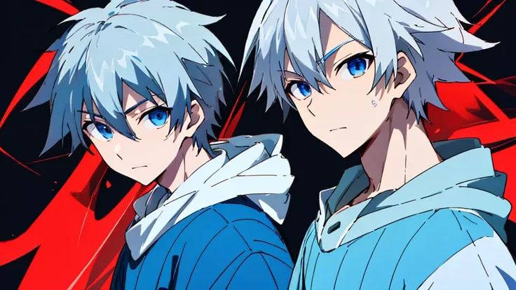 ((Highest quality)), ((masterpiece)), (detailed), Perfect Face,1 boy, Gray Hair, short hair, Translucent white skin,slightly turned to the side,Wearing a hood,White long sleeve hoodie, blue eyes, Black background