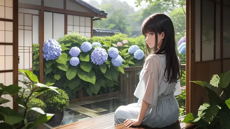 {best quality}, {very aesthetic}, {ultra-detailed}, {8k}, {Super elaborate face}, {Super-smart body},　Sparkling summer rain, Woman sitting on the veranda of a Japanese house, Wet day, (Woman looking outside,Behind the scenes), An ennui atmosphere,　Super fi...