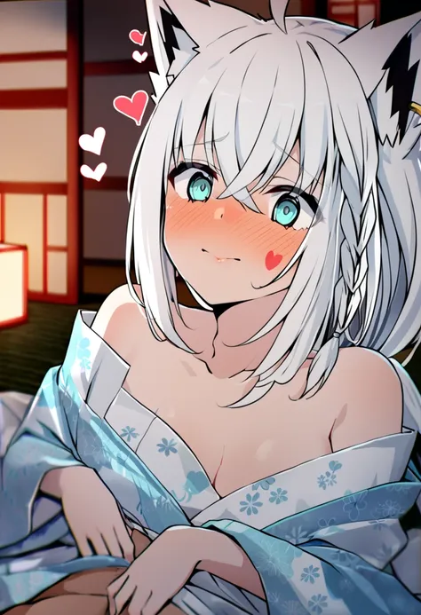 one girl, Shirakami Fubuki, fox ears, white hair, yukata, cute, beautiful, my girlfriend, lying on futon, be ready for sex, love me, heart marks, upperbody focus, shy