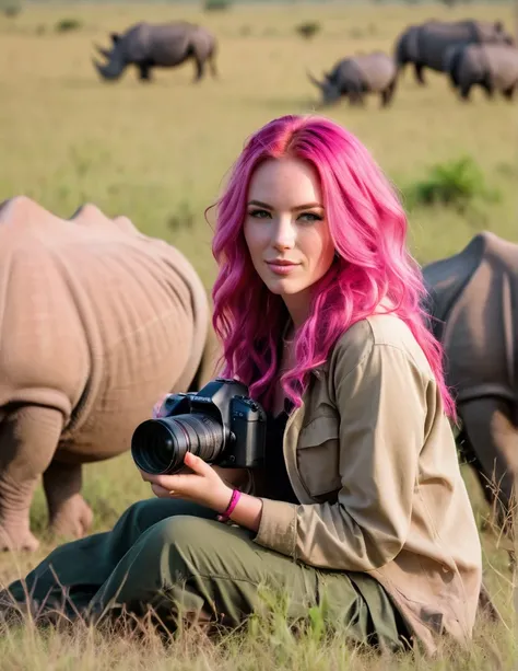 Very attractive 25 year old caucasian female with long wavy bright pink hair, on safari in Tanzania,  photographing rhinos, photo quality