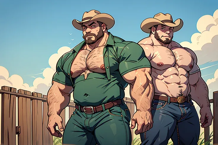 A man, Tremendously huge and mega beefy cowboy Beefcake, Red hair, green eyes, huge thick thighs, colossal meaty butt, blue jeans, big lump, hairy chest, straw cowboy hat, huge muscular chest, protruding pectorals, unrealistically oversized pecs, leaning o...