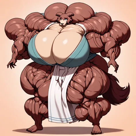 Beastars art style, beastars, Juno, brown wolf, she Wolf, 1girl, furry, long curly brown fur, slim figure, blue eyes, wide hips, hyper breasts, kimono, cleavage. hyper inflated muscles, hyper bursting with breast_implant,_full_up with Helium hyper butt, hy...