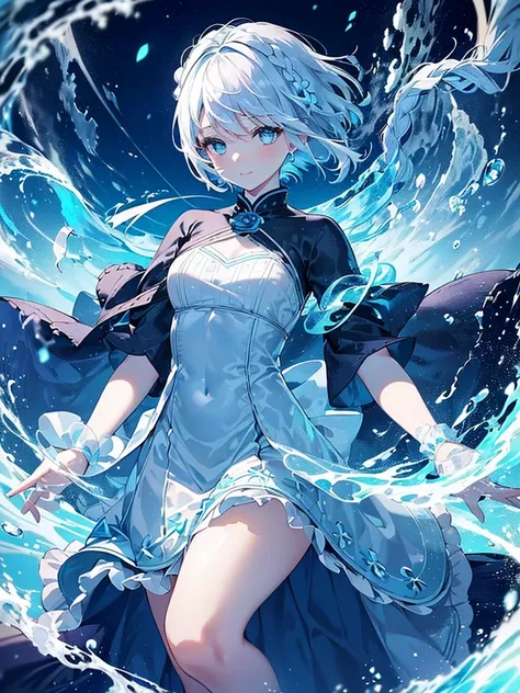 (Ultra Quality figure), Ultra detailed,((Top quality)),beautiful girl, (short white sky hair), ((braided short hair)), her eyes is shining , (highly detailed beautiful eyes), charming smile, Fantasy atmosphere feeling,blue sea scenary,((dream invited blue ...