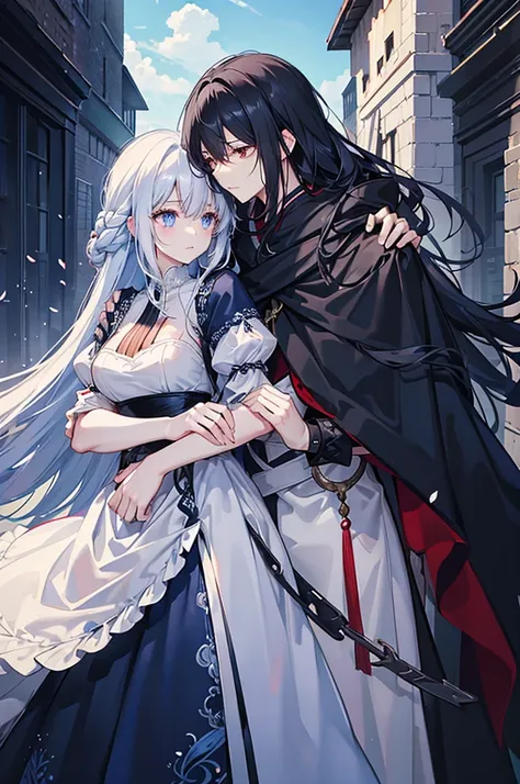 A man with black hair and red eyes、He hugged the waist of a woman with white hair and blue eyes.、Grabbing the chin。、length, fluffy wavy hair、Braiding、blue and white lace dress、Garter Ring、The man is wearing a cloak、Fantasy