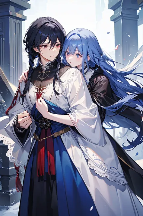 A man with black hair and red eyes、He hugged the waist of a woman with white hair and blue eyes.、Grabbing the chin。、length, fluffy wavy hair、Braiding、blue and white lace dress、Garter Ring、The man is wearing a cloak、Fantasy