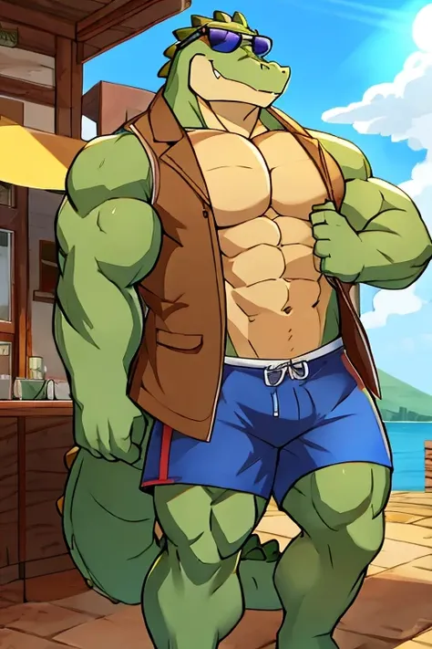 Crocodile, muscular, Fisherman, shorts cafés, brown vest, sunglasses 