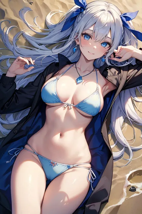 (((best quality))), ((masterpiece)), ((beautiful)), (a gir)l, glad, smiling, lying on back, looking at viewer, long hair, shiny hair, (silver hair), (blue eyes), pale skin, shiny skin, voluptuous, beautiful breasts, (bikini), swimsuit, cardigan, hair ribbo...