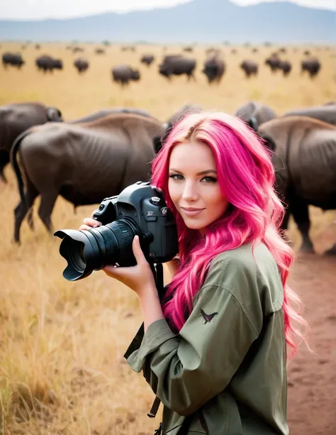 Very attractive 25 year old caucasian female with long wavy bright pink hair, on safari in Tanzania,  photographing african buffalows,  photo quality