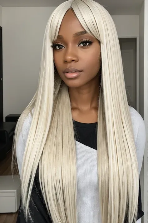 black woman, with very long and straight hair, almost white blonde color with thick fringe