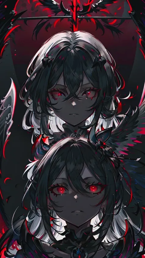 anime, Black and White, Red eyes, Black wings, Black Dress, Black wings, Black wings, Black wings, Black wings, Black wings, Black wings, gothic maiden anime girl, with glowing Red eyes, luminous Red eyes, With eyes that glow red, She has white eyes!!!, bl...