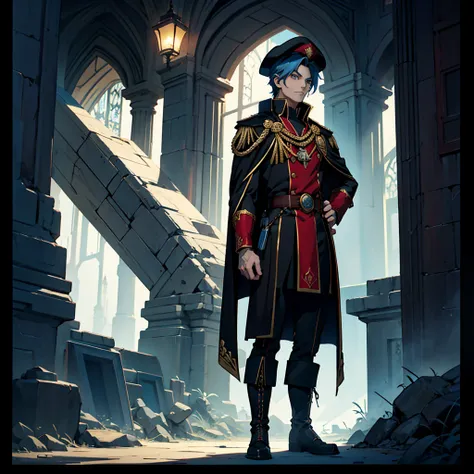 captain, black uniform, gold rank insignia, red cloak, black captain's hat, black boots, anime, art deco, gothic art, anime styl...