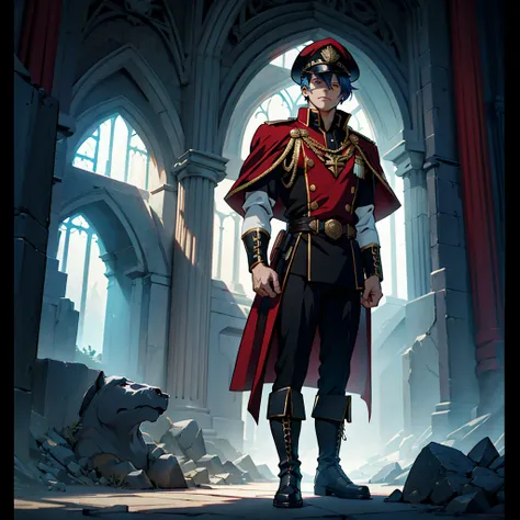 captain, black uniform, gold rank insignia, red cloak, black captain's hat, black boots, anime, art deco, gothic art, anime styl...