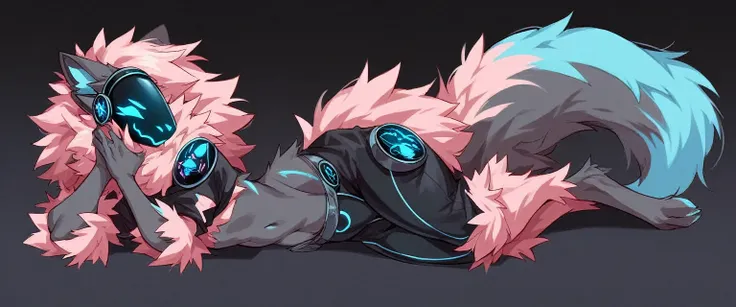 (NSFW), femboy protogen, protogen face, huge fluffy hair, hair hangs over visor, fit girly try body, light pink and black fur body, perfect anatomy, wearing a black camo crop top with sleeves, wearing a glowing blue thong, black scarf covering neck, laying...