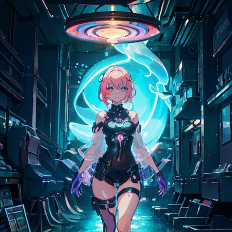 Anime Kawaii sexy Perfect Slim sensual body large breast and huge thighs, An intricate and highly detailed illustration of anime (Young girl). a beautiful young girl with short light colored hair, heterochromia eyes, in a futuristic night city, intricate c...