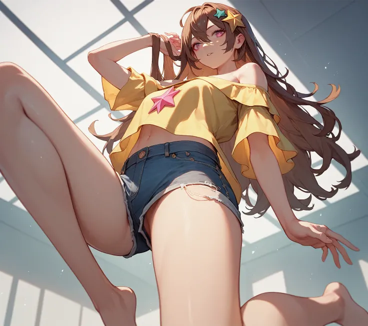 A woman showing her stinky feet low angle，barefoot，Sole，Blue off-the-shoulder casual dress，Bangs between the eyes，Long hair，Brown hair，Denim shorts，Anatomically correct, There is a yellow five-pointed star hair ornament on the hair，Background is the ceilin...