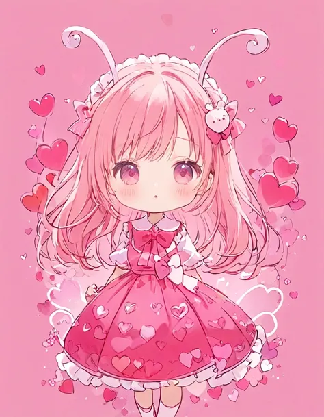 Momoko Sakura pink and Red style, Simple Line Initialism，Abstract art，Kawaii Design, The most beautiful girl of all time、chibi, (((Cute pillbugs))), colorful hearts