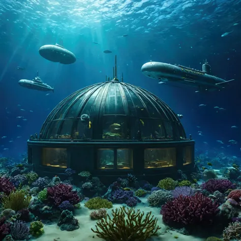 8k,Undersea City、dome-shaped building、Submarines passing by