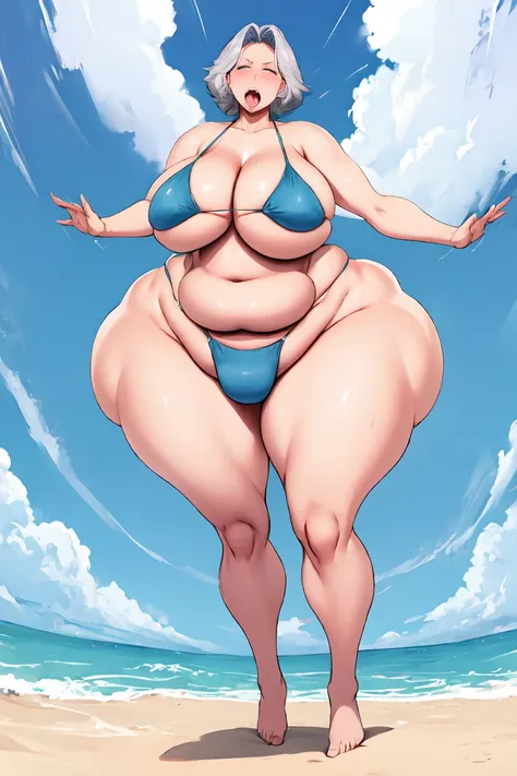 1girl, elderly,ssbbw gilf, grey hair, sexy figure, ssbbw,gilf, micro bikini, see through bikini, (shot from below), sagging breasts, underboobs, (skindentation:1.4), showing cleavage , massive ass, insanely inflated hips,very large bosum,largest haunches, ...